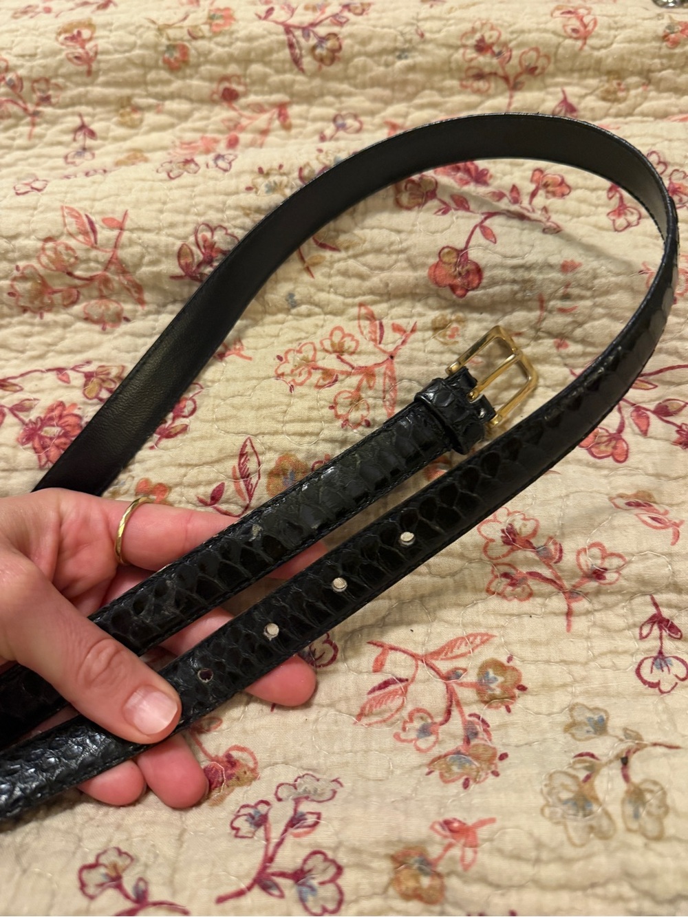 Vintage Black snake skin Belt with Gold Buckle